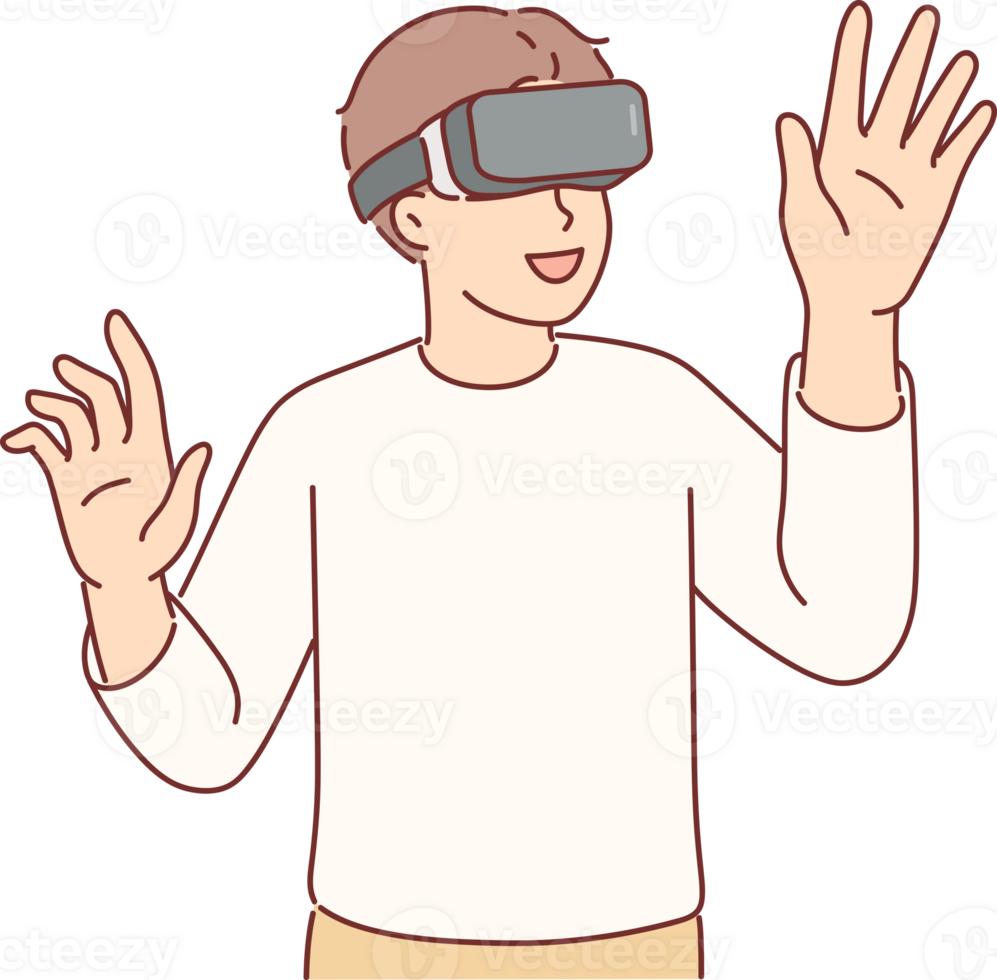 Boy wearing VR glasses enthusiastically uses new technology to immerse himself in virtual reality png