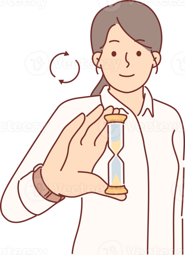 Business woman reminds about deadline by demonstrating hourglass, for concept time management png