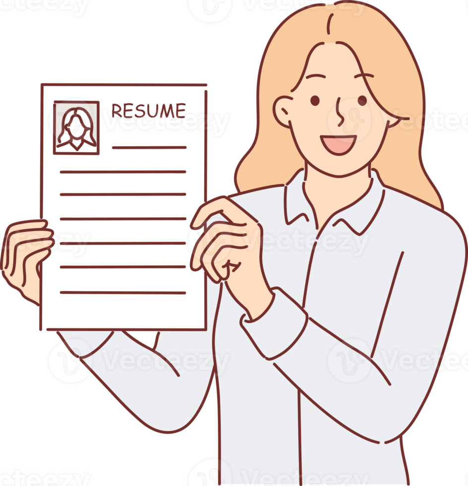 Business woman shows resume describing work skills, wanting to find new job thanks to quality CV png