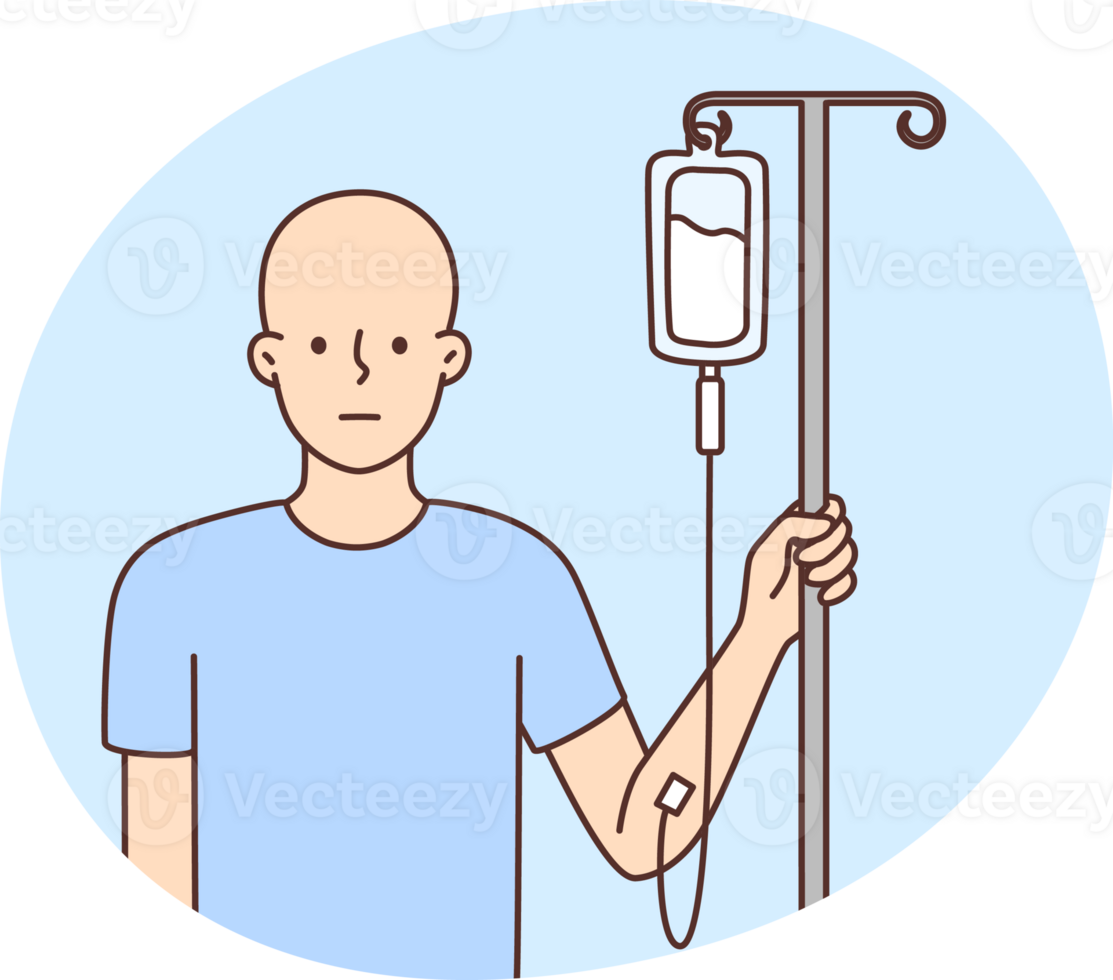 Bald man with dropper get chemo treatment png