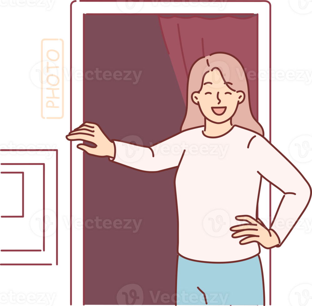 Woman stands near photo booth and laughs, feeling surge of positive emotions before photoshoot png