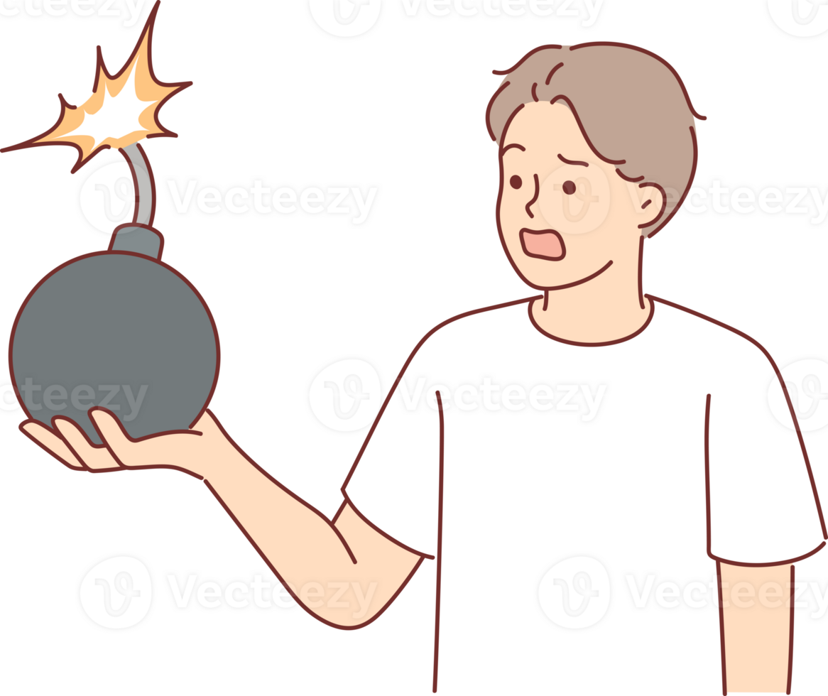skrämd man innehar bomba med brinnande säkring, symboliserar kommande problem och problem png