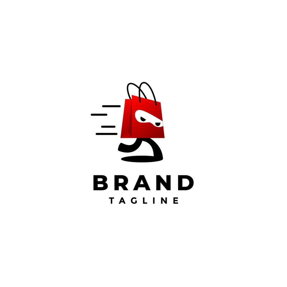 The Running Ninja Shopping Bag Logo Design. Playful Ninja Mascot In A Shopping Bag Logo Design. vector
