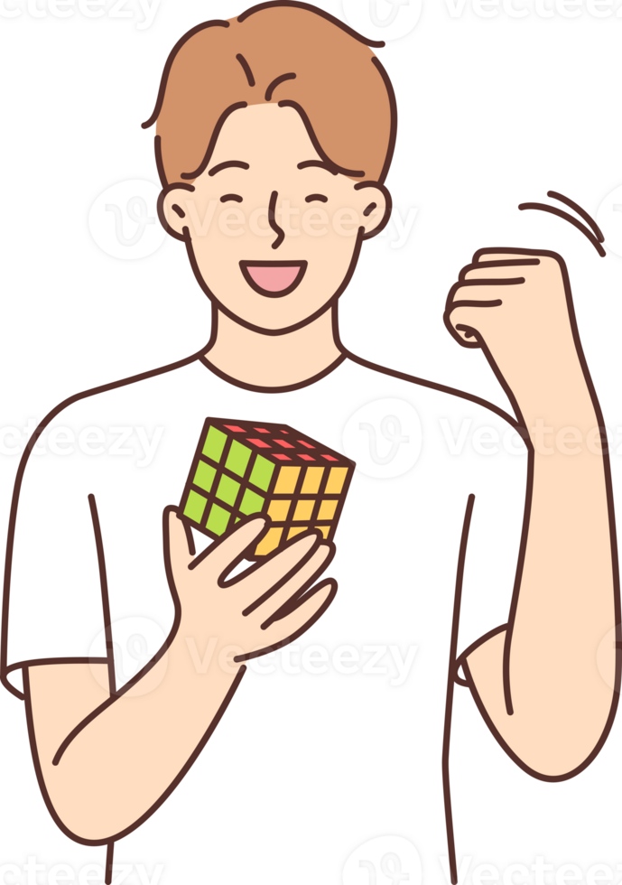 Happy teenager boy gathered rubik cube and rejoice in solving puzzle and makes victory gesture png