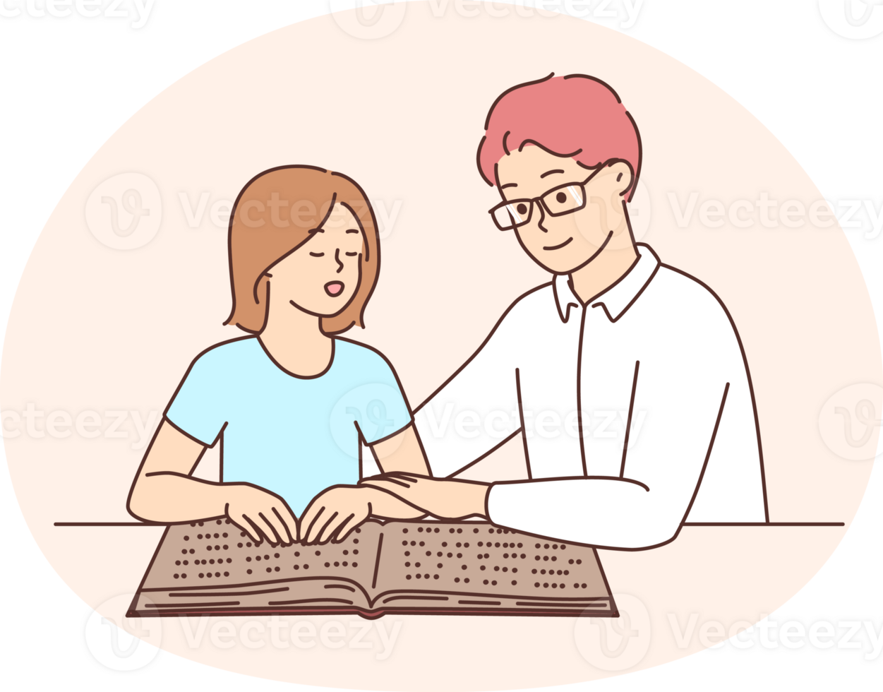 Male tutor teach child reading braille png