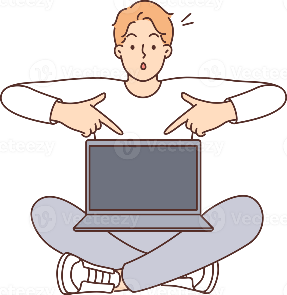Shocked man with laptop pointing fingers at screen recommending visiting interesting website png