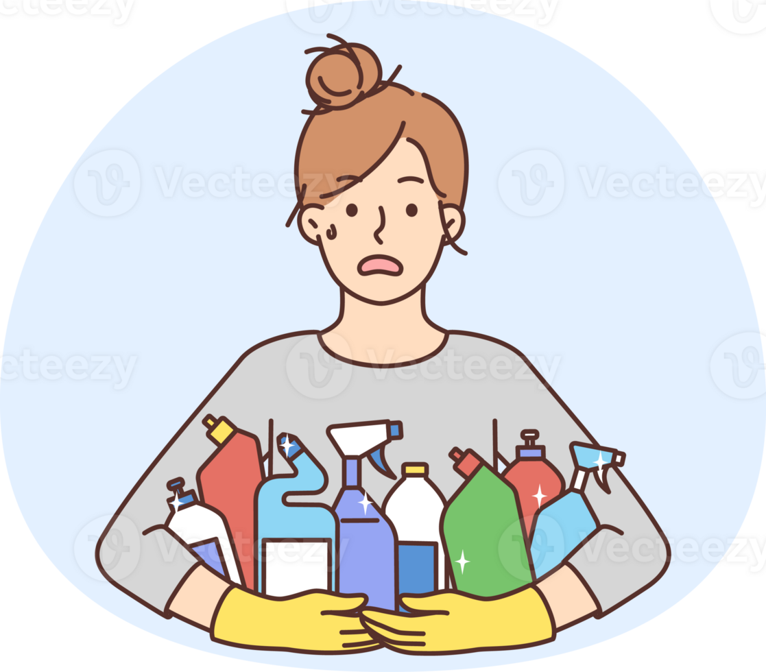 Stressed woman with detergent bottles png