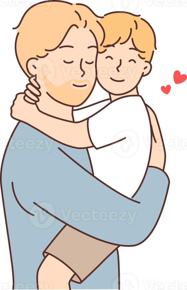 Happy father holds and hugs little son after long separation or returning from vacation png