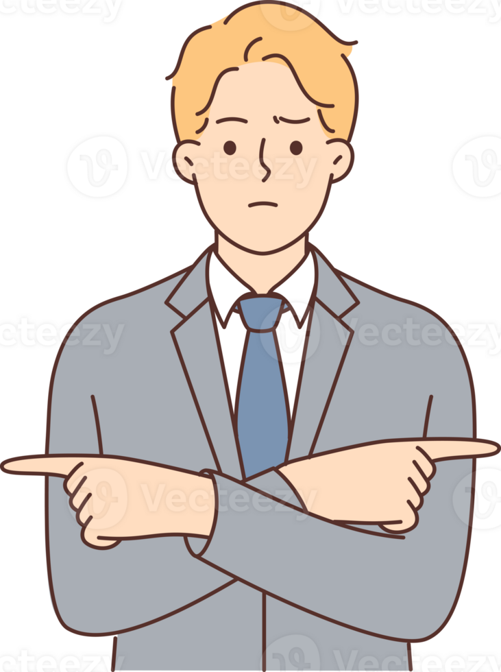 Puzzled business man points fingers in different directions and tries to make difficult decision png