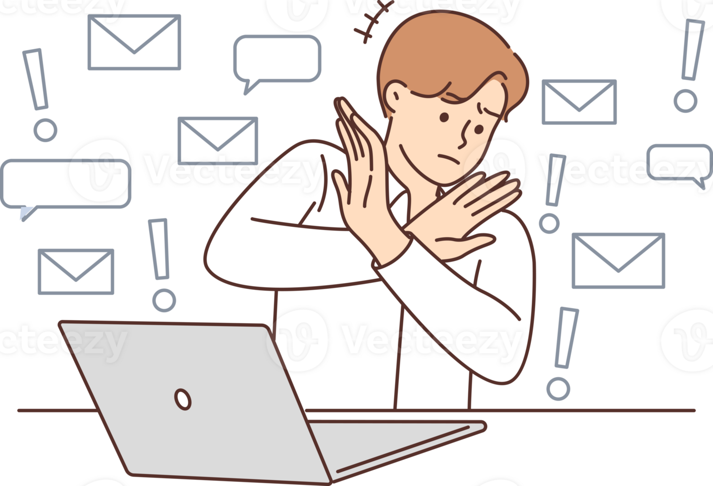 Business man suffering from internet spam and doing stop gesture sitting at table with laptop png