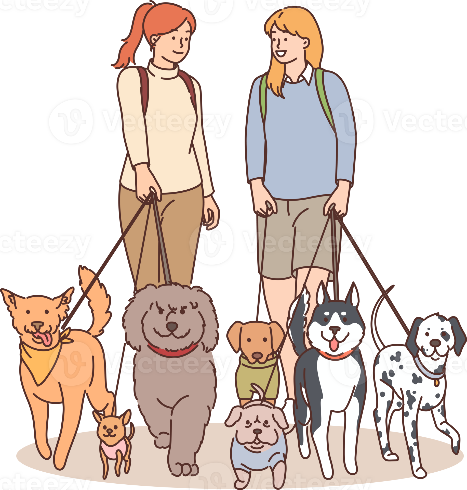 Two girls walk dogs on leashes in park and communicate enjoying