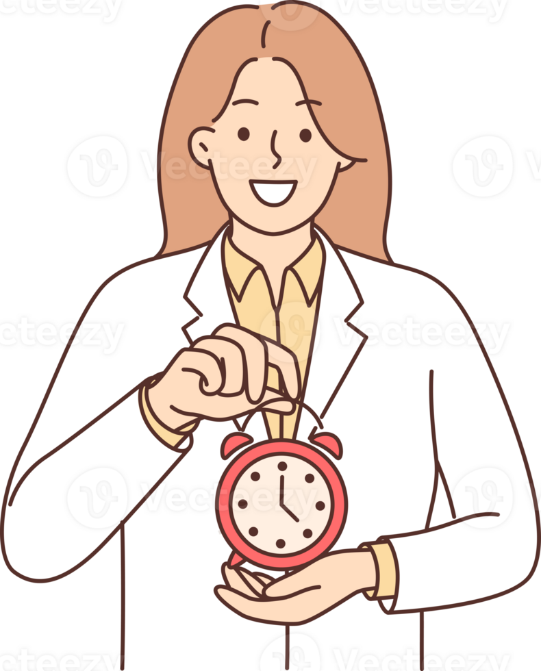 Woman doctor holding alarm clock recommending sticking to schedule for taking medications png