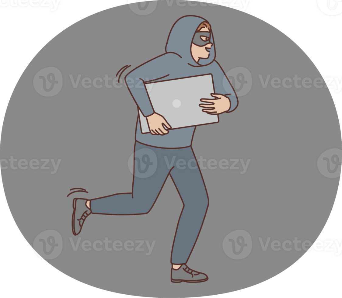 Male robber in mask steal computer png