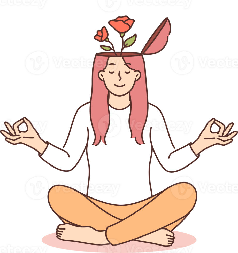 Yogi woman meditates and feels how flowers grow from head, symbolizing mental harmony or balance png