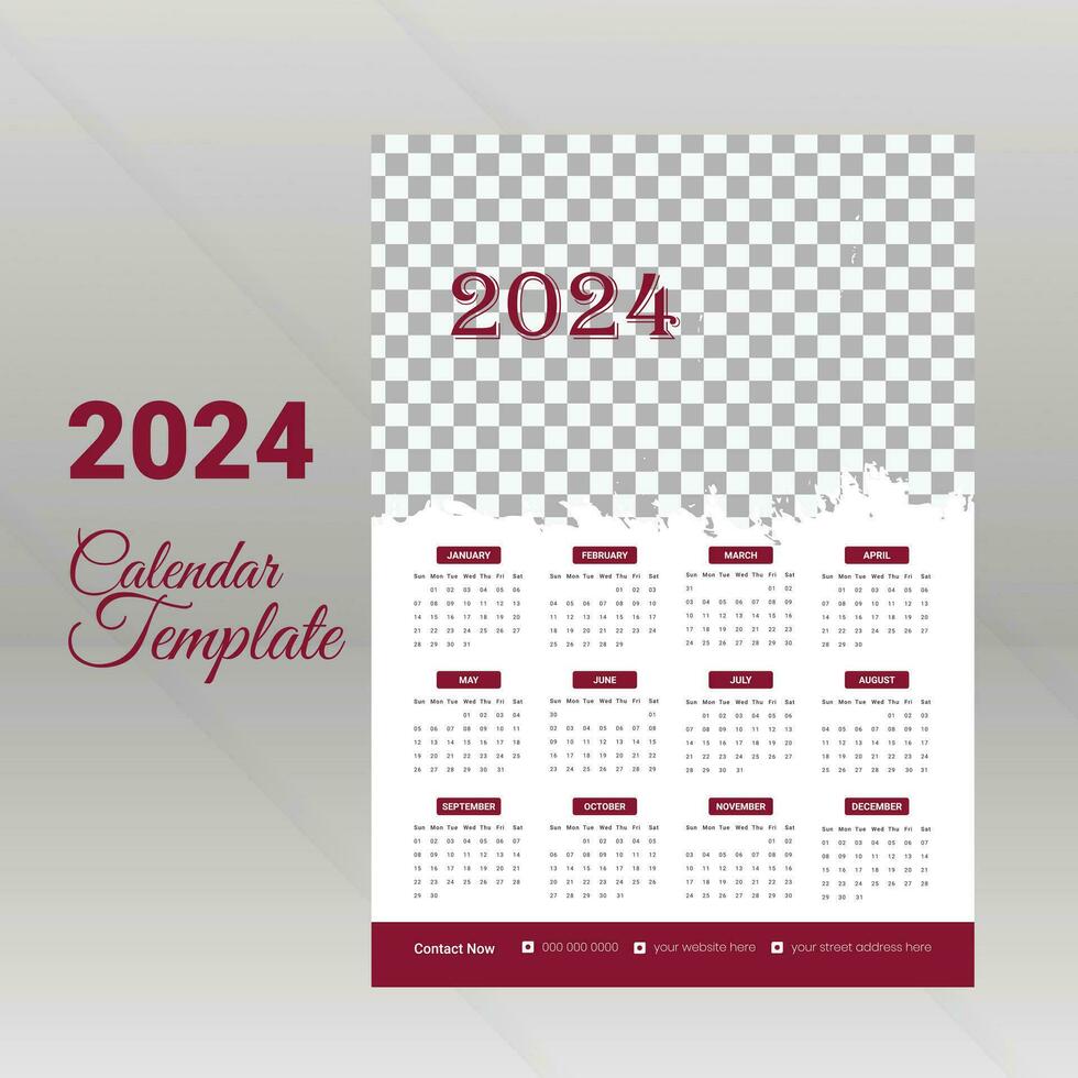 Monthly calendar template for 2024. Wall calendar in a minimalist style. vector