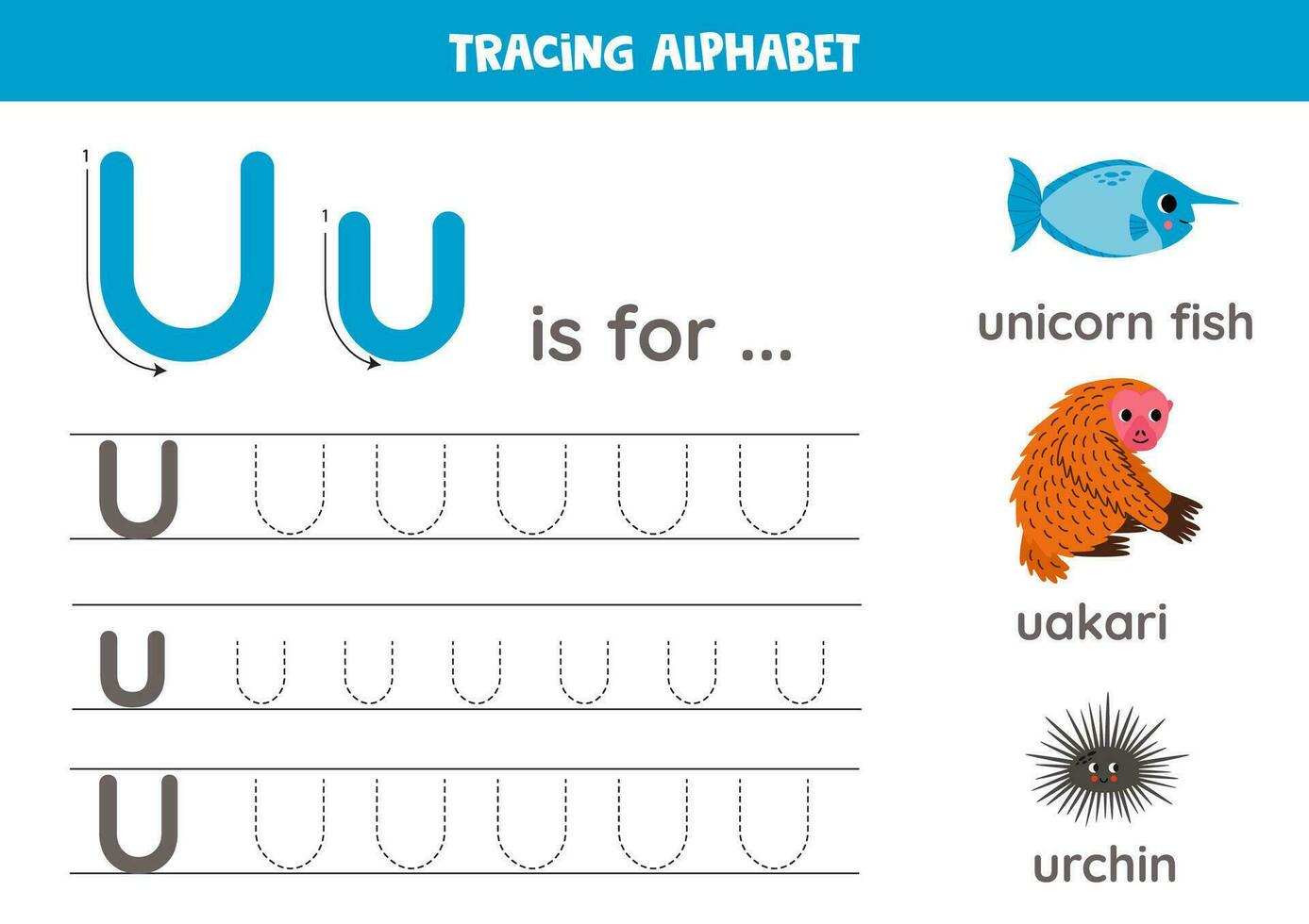 Tracing all letters of English alphabet. Preschool activity for kids. Writing uppercase and lowercase letter u. Printable worksheet.   Cute illustration of unicorn fish, uakari, urchin. vector
