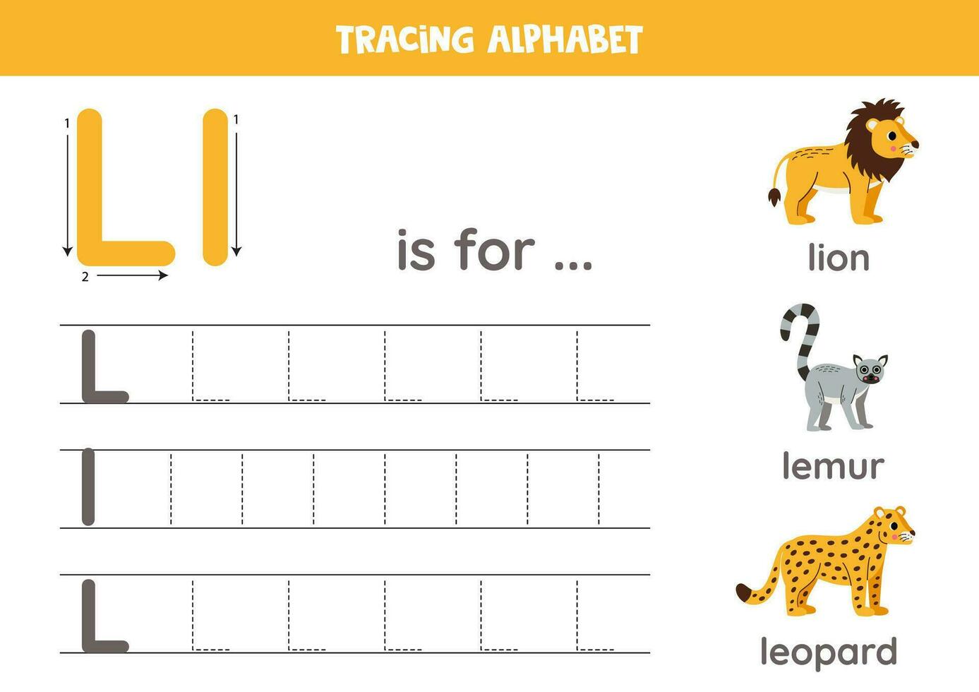 Tracing all letters of English alphabet. Preschool activity for kids. Writing uppercase and lowercase letter L. Printable worksheet. Cute illustration of lion, leopard, lemur. vector