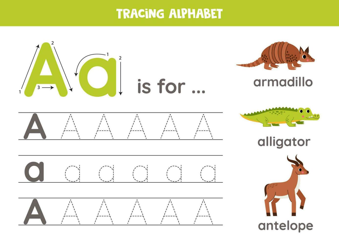 Tracing all letters of English alphabet. Preschool activity for kids. Writing uppercase and lowercase letter A. Cute illustration of armadillo, alligator, antelope. Printable worksheet. vector