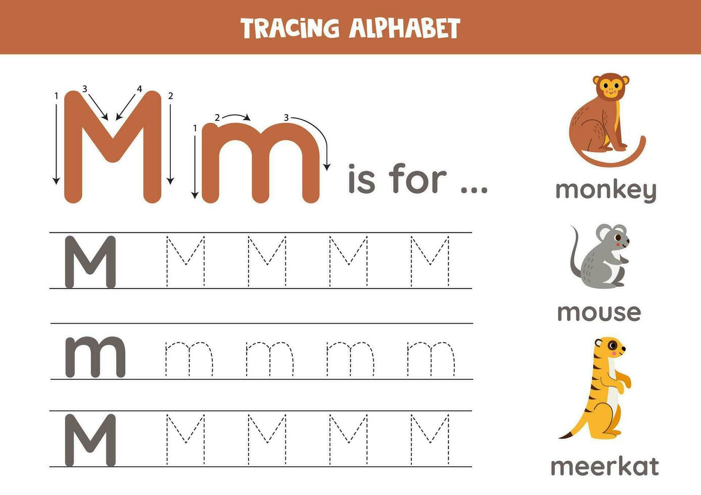 Tracing all letters of English alphabet. Preschool activity for kids. Writing uppercase and lowercase letter M. Printable worksheet. Cute illustration of monkey, mouse, meerkat. vector