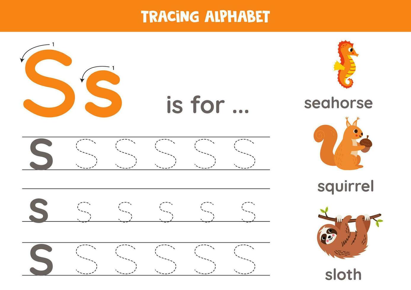 Tracing all letters of English alphabet. Preschool activity for kids. Writing uppercase and lowercase letter S.  Cute illustration of squirrel, sloth, seahorse.  Printable worksheet. vector