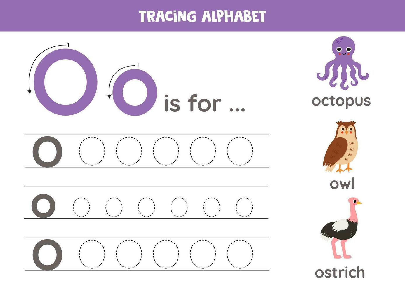 Tracing all letters of English alphabet. Preschool activity for kids. Writing uppercase and lowercase letter o. Printable worksheet.  Cute illustration of octopus, owl, ostrich. vector