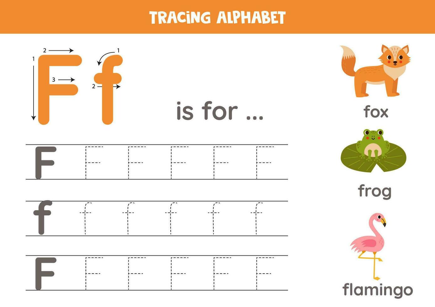 Tracing all letters of English alphabet. Preschool activity for kids. Writing uppercase and lowercase letter F. Cute illustration of frog, flamingo, fox. Printable worksheet. vector