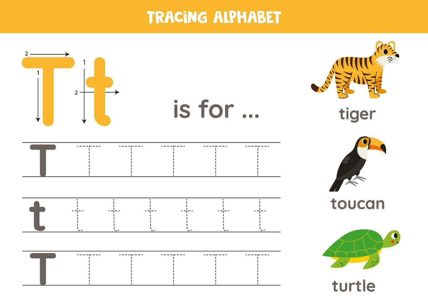 Tracing all letters of English alphabet. Preschool activity for kids. Writing uppercase and lowercase letter t.  Cute illustration of tiger, toucan, turtle.  Printable worksheet. vector