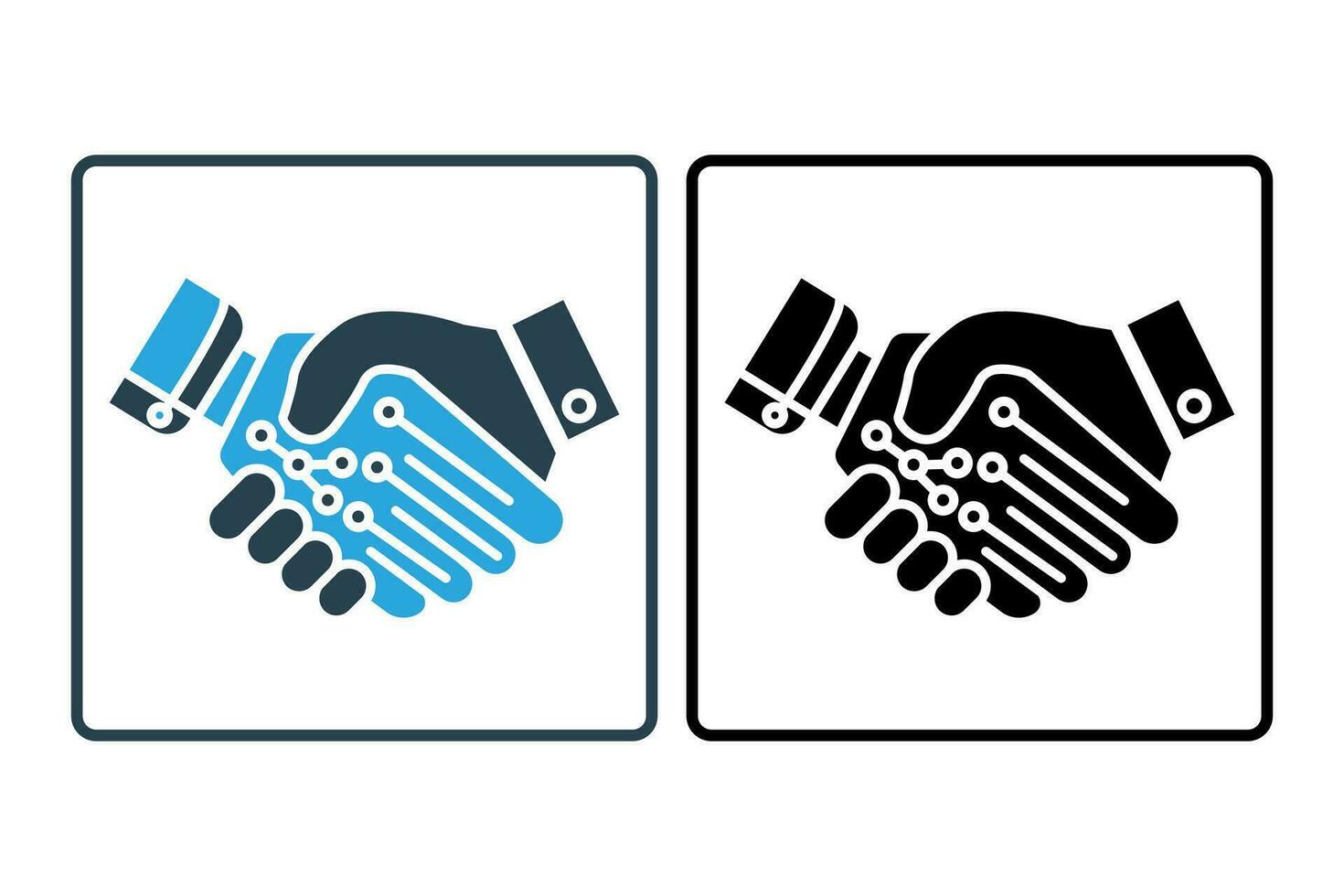 handshake icon. human machine collaboration. Handshake between a human hand and a robot hand. icon related to artificial intelligence. solid icon style. simple vector design editable