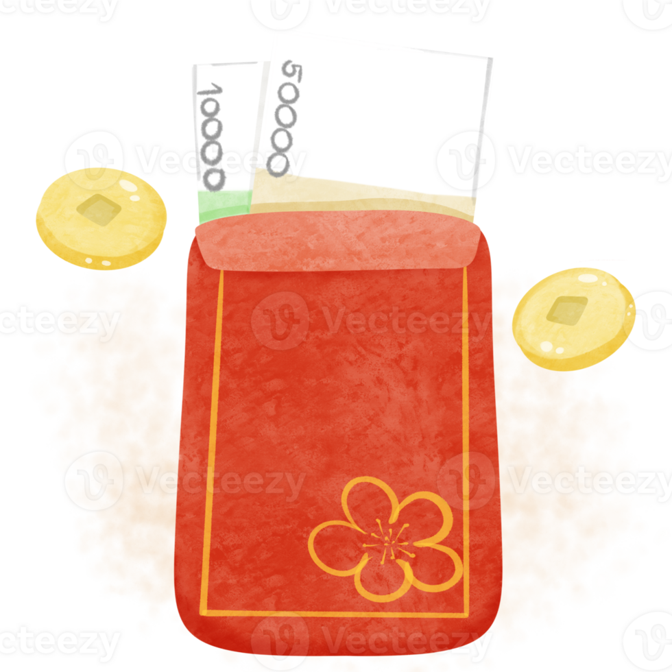 a red envelope with money and coins on it png