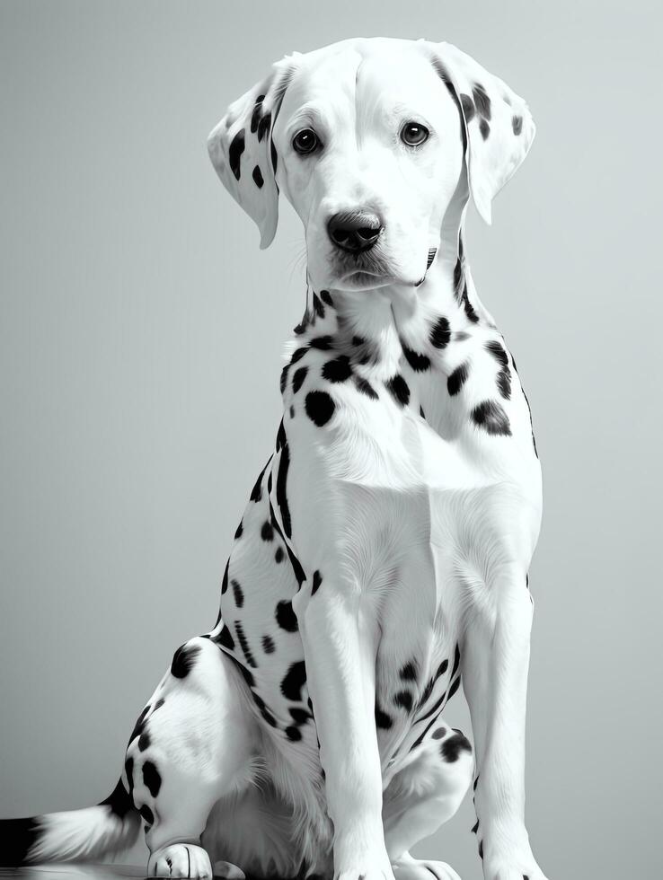 contento dálmata perro negro y blanco monocromo foto en estudio Encendiendo