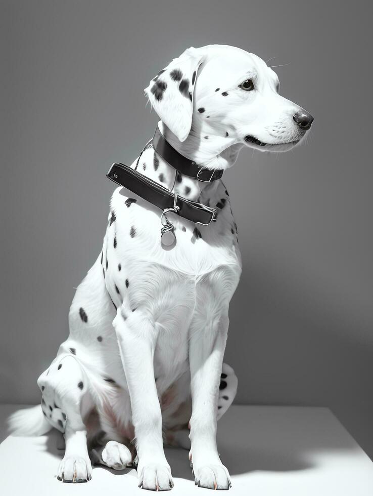 Happy Dalmatian Dog Black and White Monochrome Photo in Studio Lighting