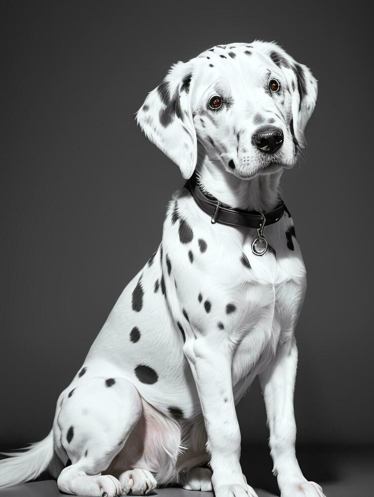 Happy Dalmatian Dog Black and White Monochrome Photo in Studio Lighting