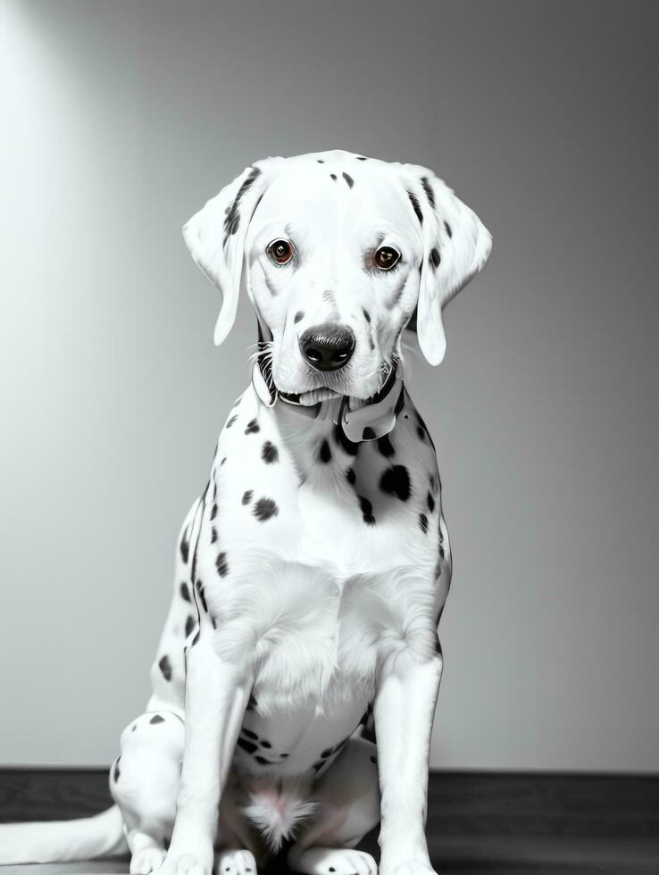 Happy Dalmatian Dog Black and White Monochrome Photo in Studio Lighting