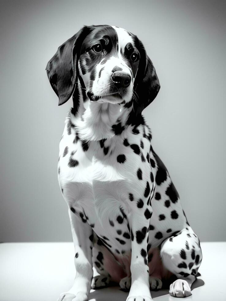 Happy Dalmatian Dog Black and White Monochrome Photo in Studio Lighting