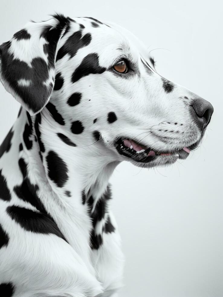 contento dálmata perro negro y blanco monocromo foto en estudio Encendiendo