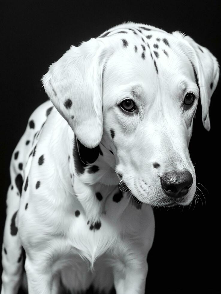 contento dálmata perro negro y blanco monocromo foto en estudio Encendiendo