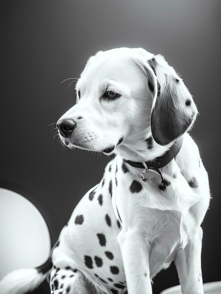 Happy Dalmatian Dog Black and White Monochrome Photo in Studio Lighting