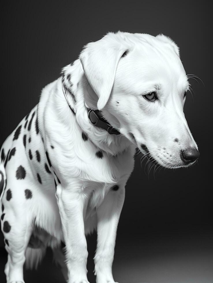 Happy Dalmatian Dog Black and White Monochrome Photo in Studio Lighting