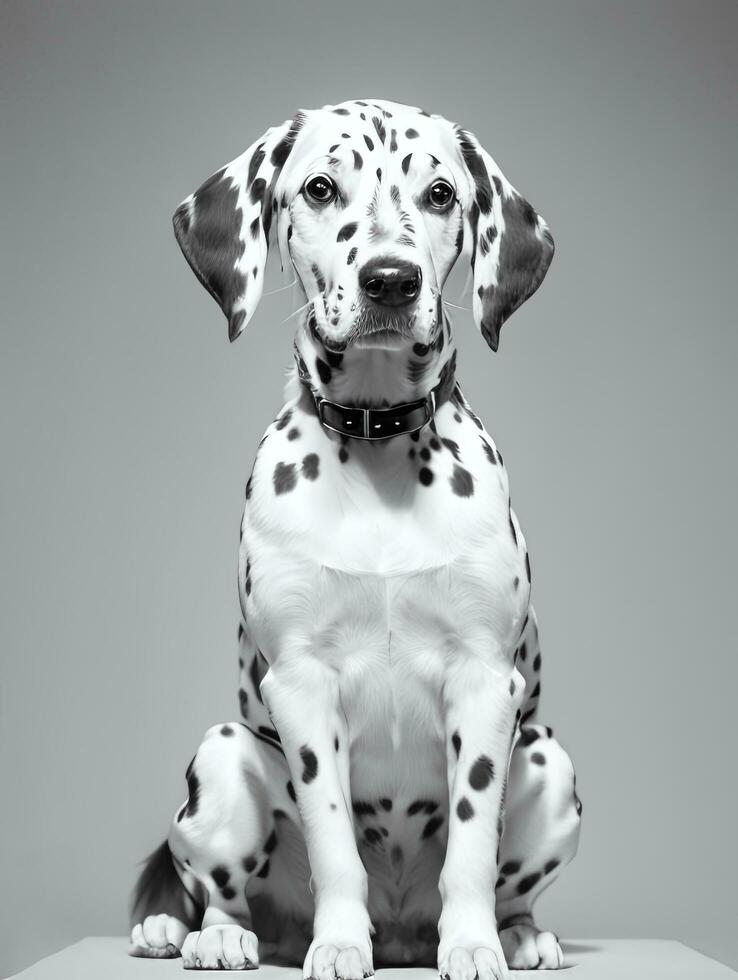 Happy Dalmatian Dog Black and White Monochrome Photo in Studio Lighting