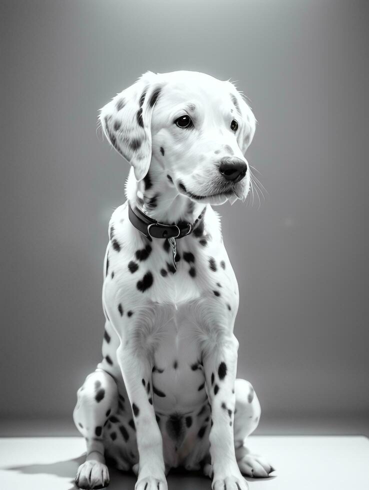 Happy Dalmatian Dog Black and White Monochrome Photo in Studio Lighting