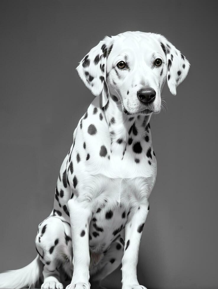 contento dálmata perro negro y blanco monocromo foto en estudio Encendiendo