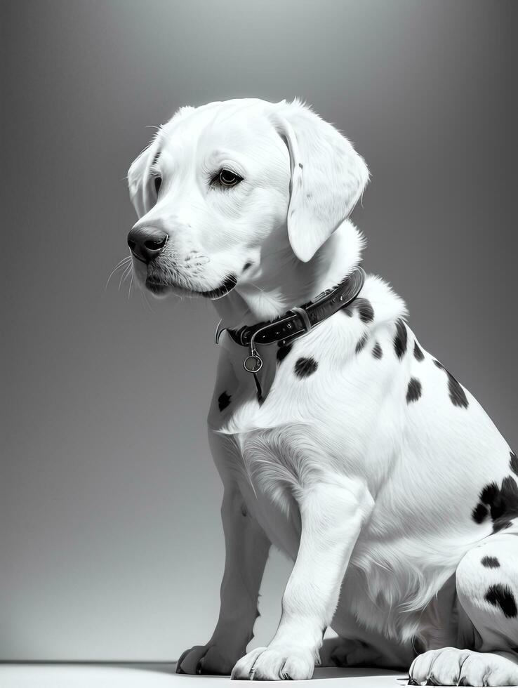 Happy Dalmatian Dog Black and White Monochrome Photo in Studio Lighting