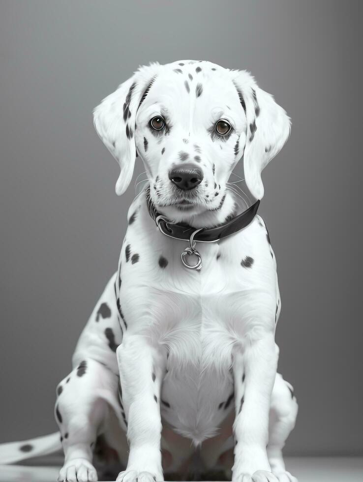 contento dálmata perro negro y blanco monocromo foto en estudio Encendiendo