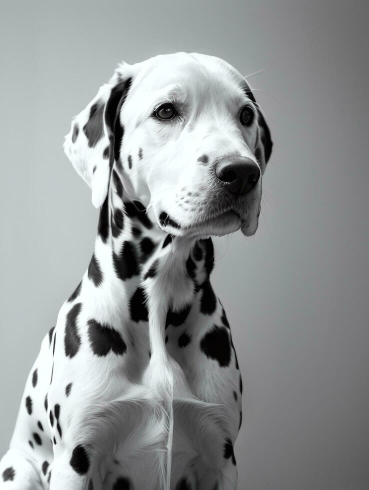 contento dálmata perro negro y blanco monocromo foto en estudio Encendiendo