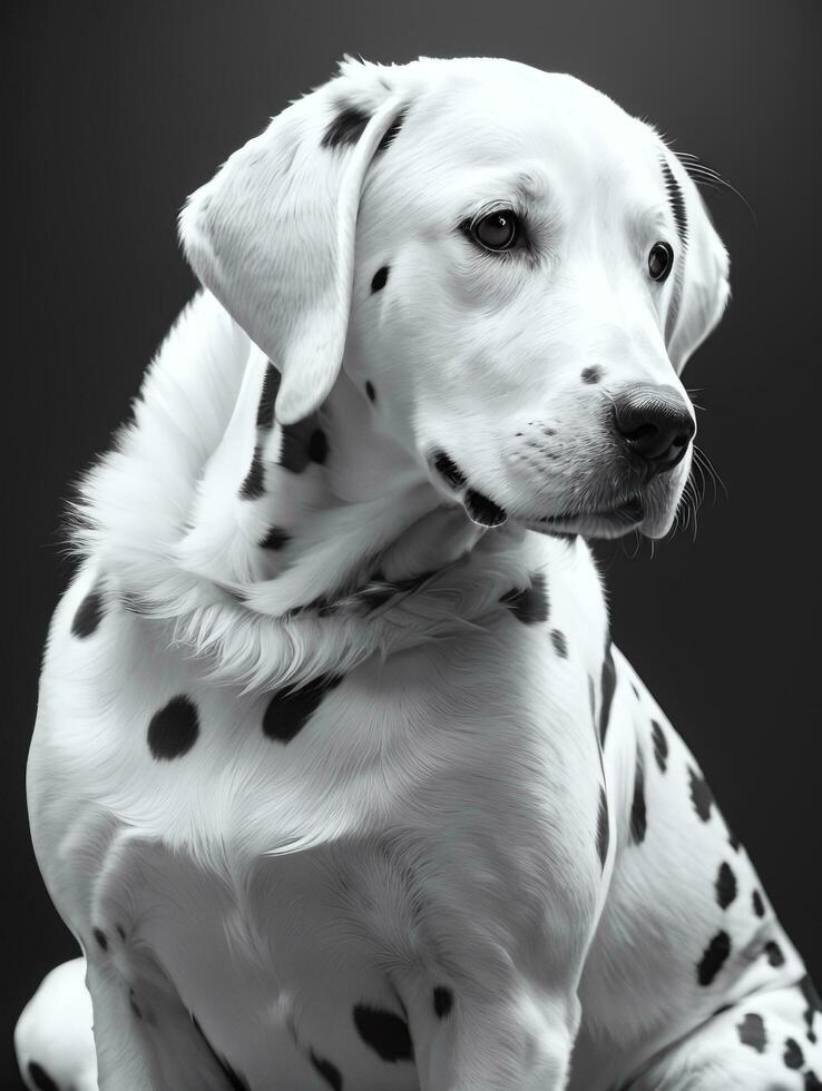 Happy Dalmatian Dog Black and White Monochrome Photo in Studio Lighting