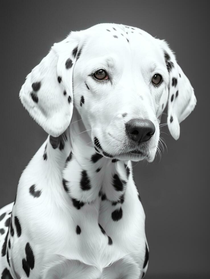 Happy Dalmatian Dog Black and White Monochrome Photo in Studio Lighting