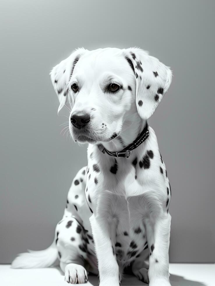 contento dálmata perro negro y blanco monocromo foto en estudio Encendiendo