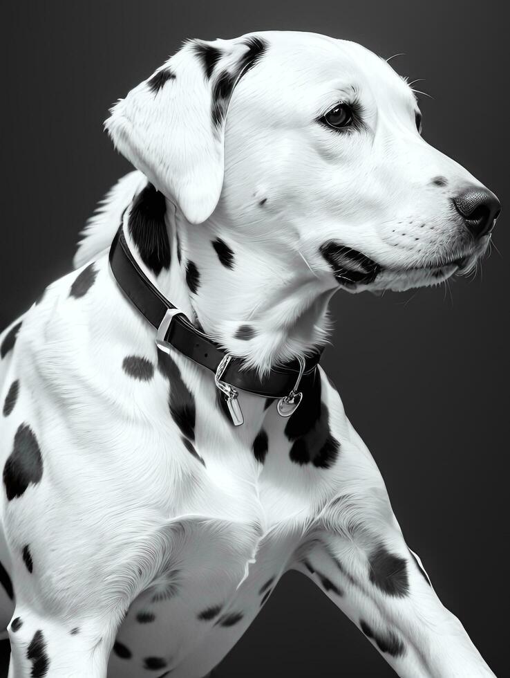 contento dálmata perro negro y blanco monocromo foto en estudio Encendiendo