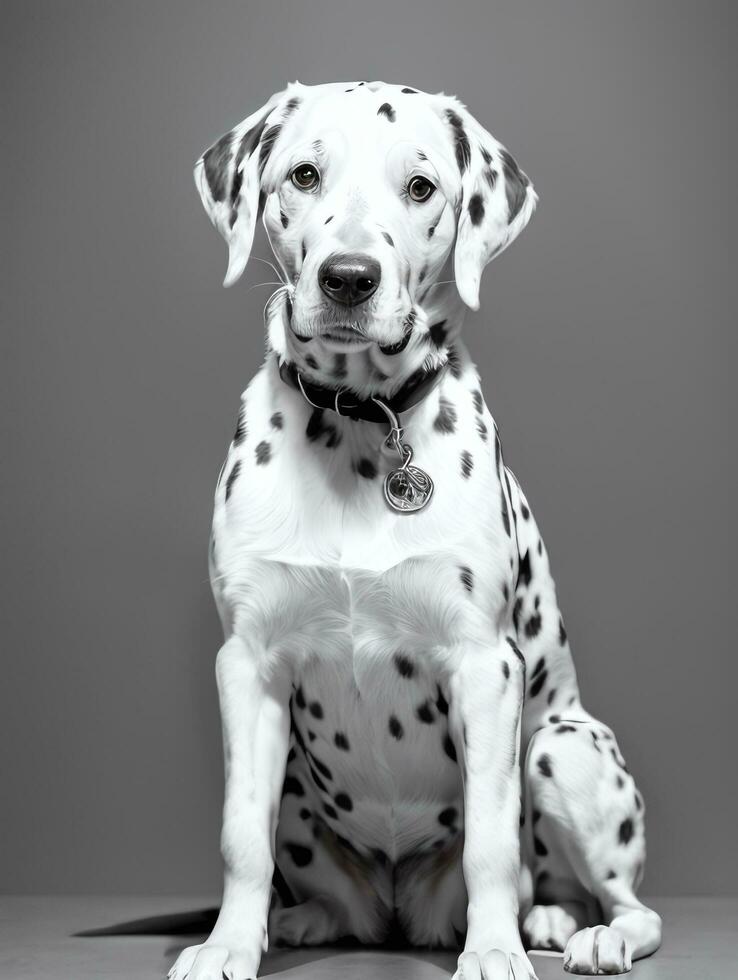 Happy Dalmatian Dog Black and White Monochrome Photo in Studio Lighting