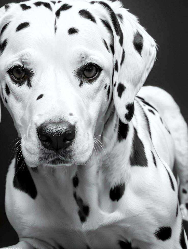 Happy Dalmatian Dog Black and White Monochrome Photo in Studio Lighting